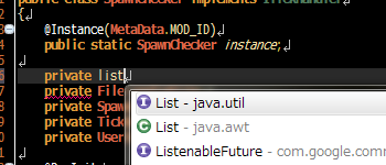 コンテンツアシストに java.util.List と java.awt.List が表示されているソースコード画像